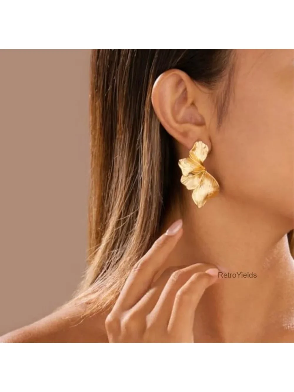 Gold Plated Flower Stud Earrings Women's Textured Floral Drop Earrings